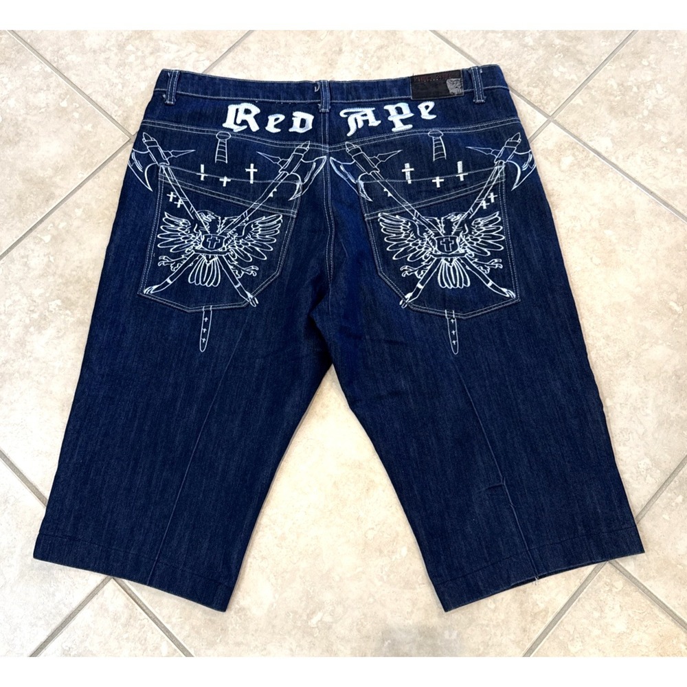 Red‎ Ape Shorts blue Jean 40 Grunge Embroidered Jorts Baggy Y2K Skate Streetwear